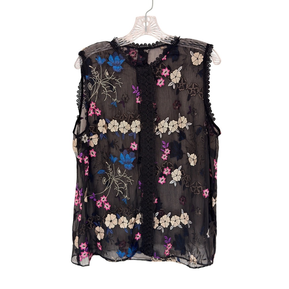 T Tahari Button Up Blouse Sheer Floral Embroidered Sleeveless Fairy Grunge Large